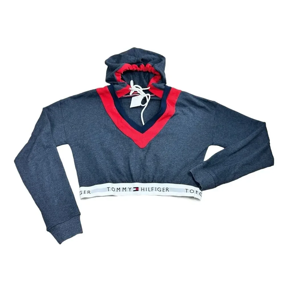 Womens Tommy Hilfiger Retro Cropped Lounge Hoodie Sz Small Sweatshirt V-Neck NEW